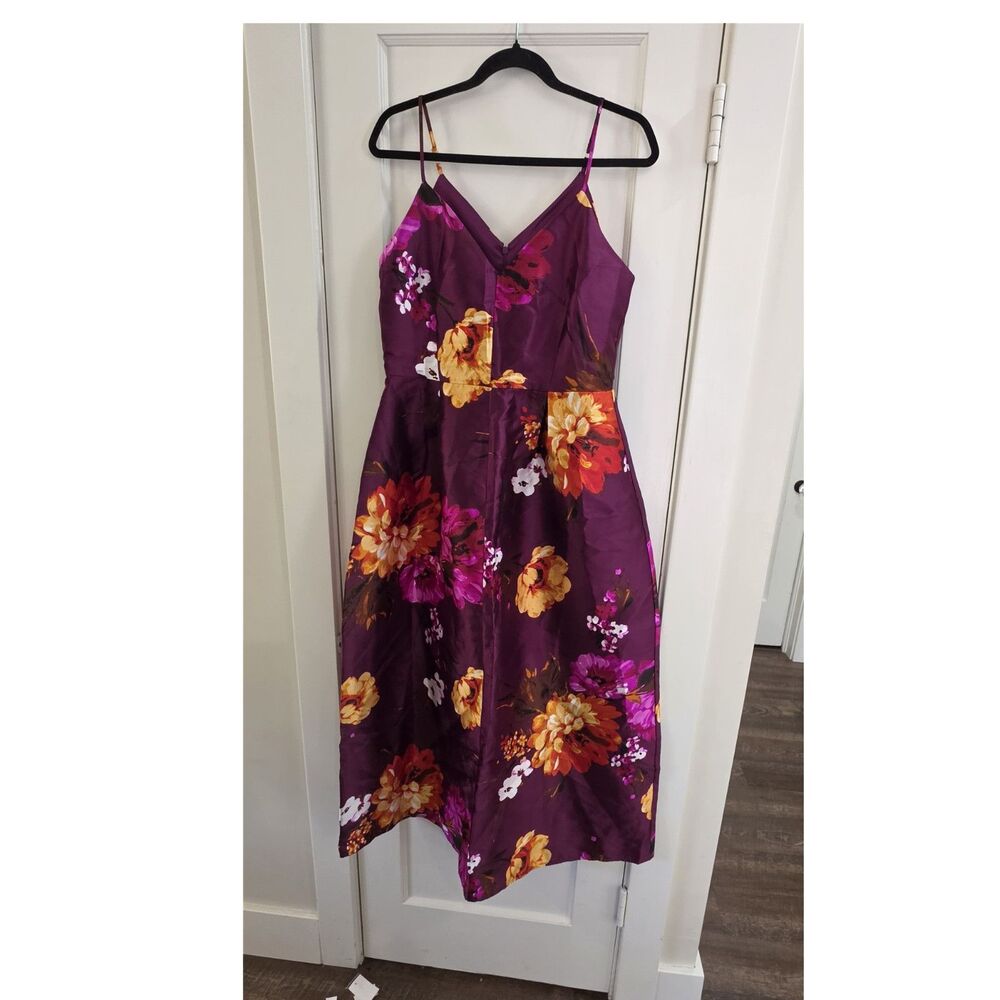 Alexa B Nites Purple Floral Satin V-Neck A-Line Midi Strappy Dress Size 4